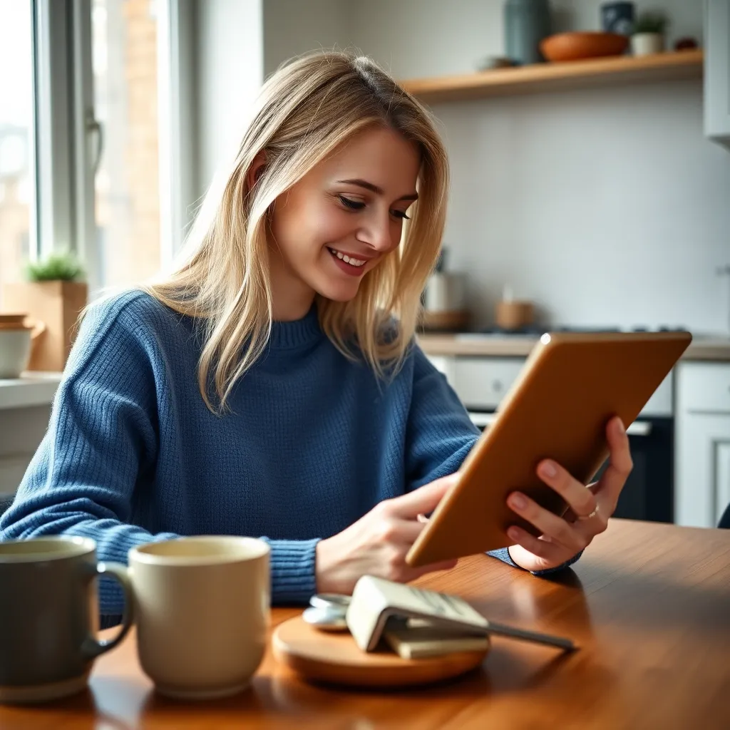 Nederlandse vrouw bekijkt financiële voortgang op tablet