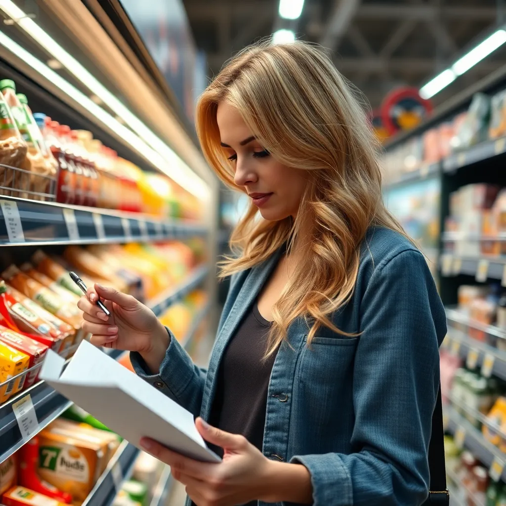 Nederlandse vrouw die boodschappen doet met een budgetlijst