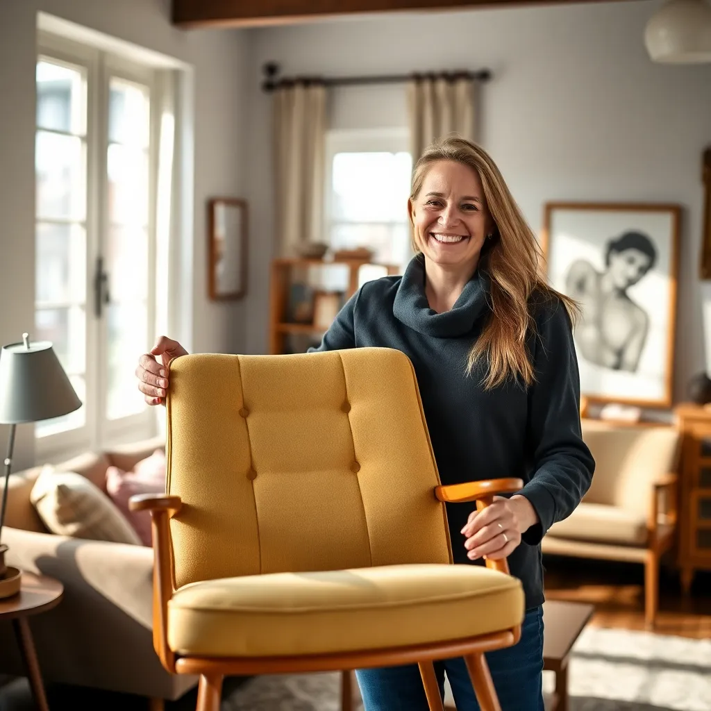 Gelukkige koper toont trots vintage designstoel gekocht op vlooienmarkt