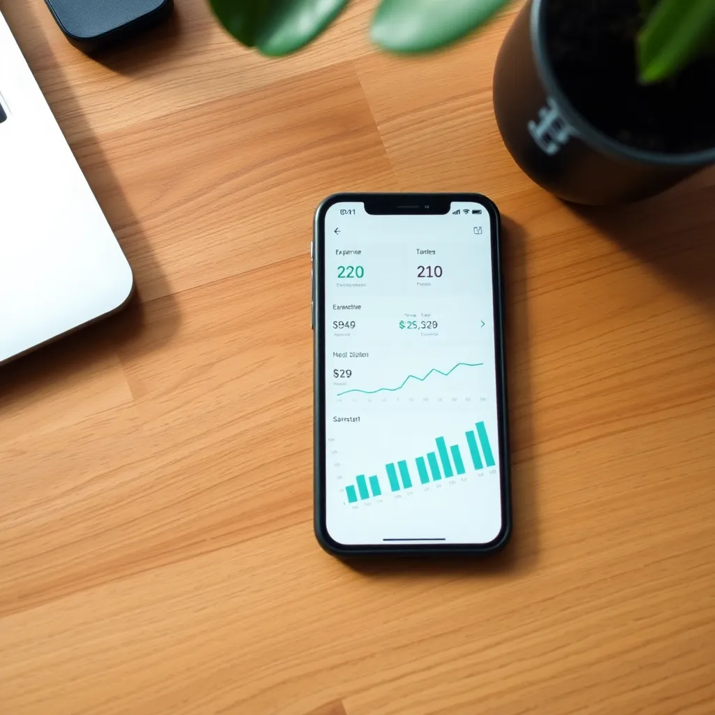 Persoon die budgetapp gebruikt op smartphone naast koffie en notitieblok